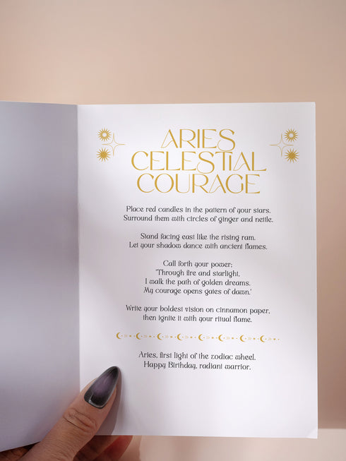 Luxurious burgundy and gold Art Deco birthday card featuring stylized Ram design with geometric patterns. Contains Aries fire ritual. Perfect for astrology enthusiasts who appreciate bold, sophisticated artwork.